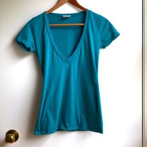 Vintage Y2K Alloy Deep V Neck T Shirt Top Teal Green sz Small